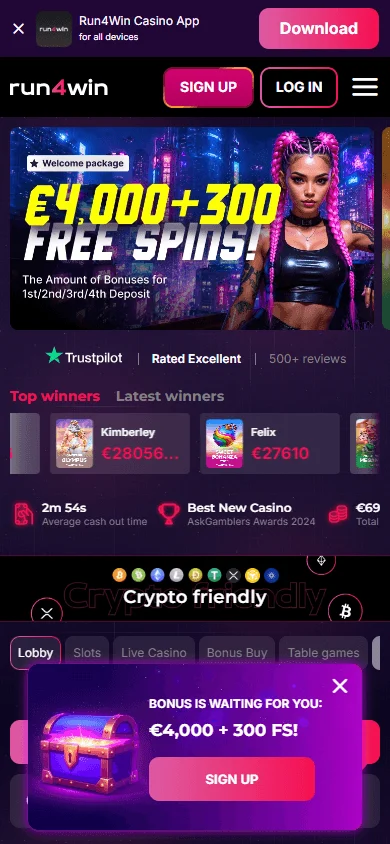 Run4win Casino home on mobile
