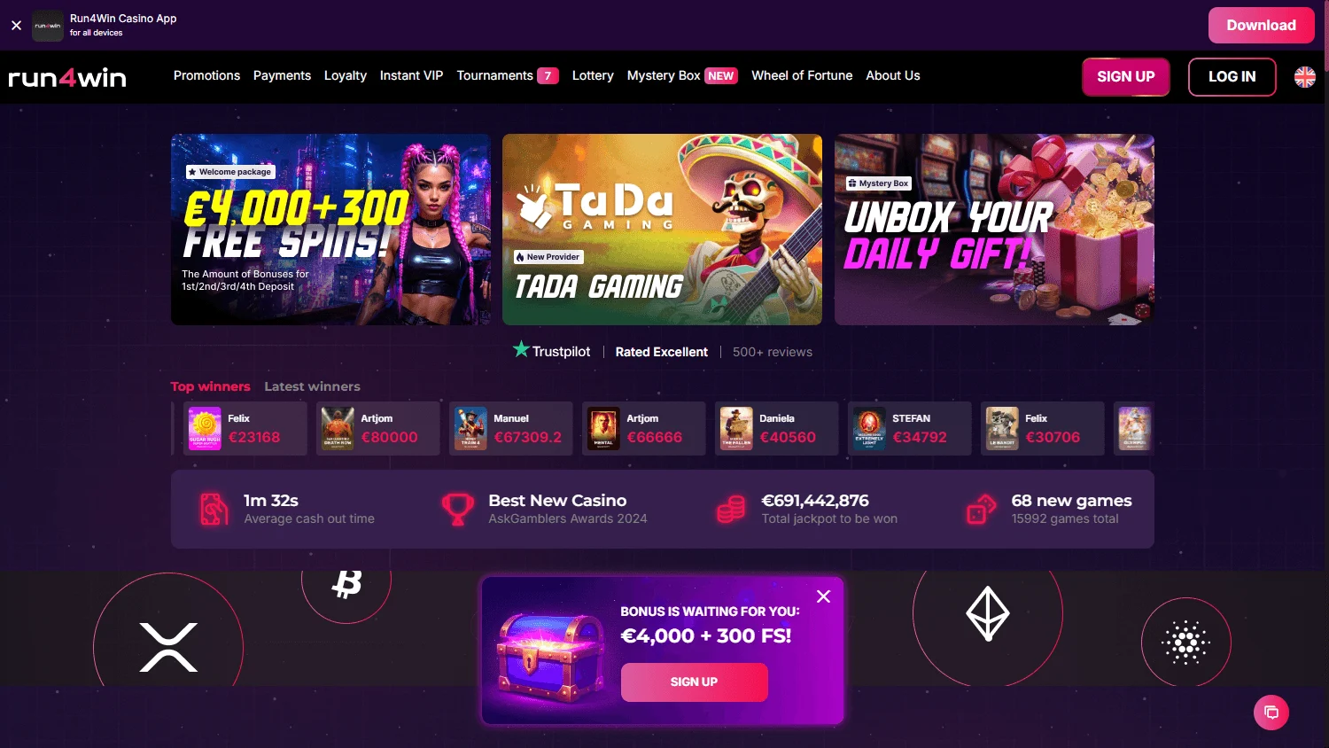 Run4win Casino home on desktop