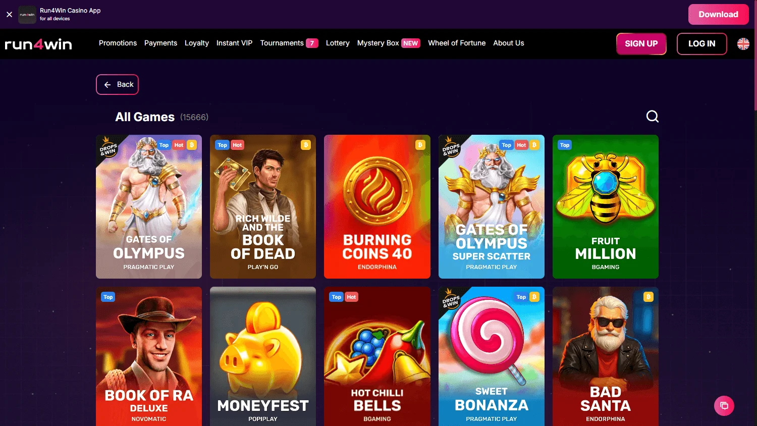 Run4win Casino games on desktop