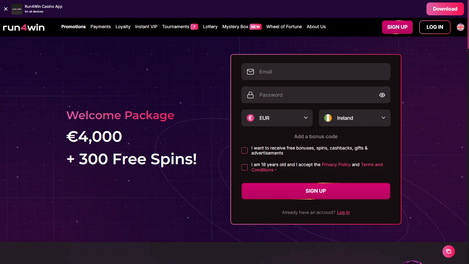 Run4win Casino promotions on desktop