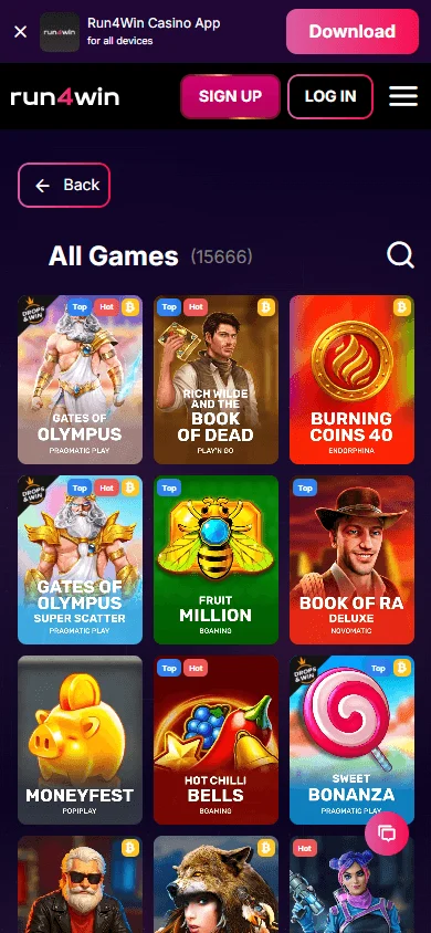 Run4win Casino games on mobile